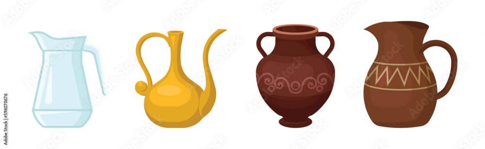 Different Jug and Vessels with Neck and Handle for Interior and Kitchen Use Vector Set