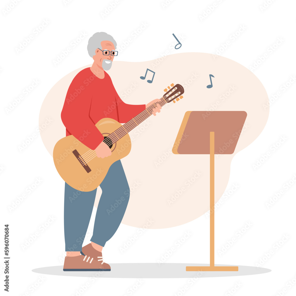 Elderly man musician playing guitar. Senior people active lifestyle and creative hobby concept. Vector cartoon or flat illustration. Elderly man musician playing guitar. Senior people active lifestyle and creative hobby concept. Vector cartoon or flat illustration.