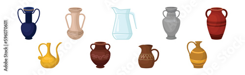 Different Jug and Vessels with Neck and Handle for Interior and Kitchen Use Vector Set