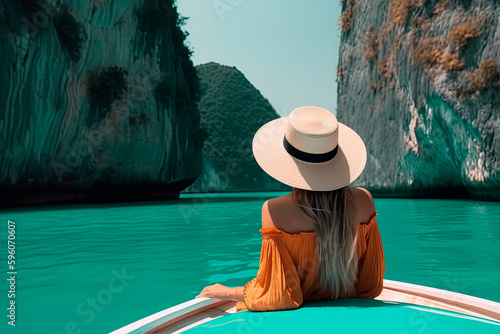 A woman wearing a swimming suit and a straw hat, Sit on the front edge of a boat, with island, cliff and turquoise sea on the background. Generative AI © Александр Марченко