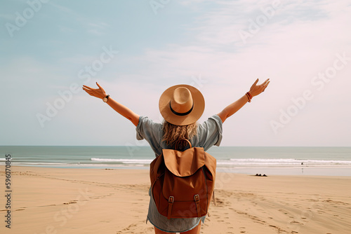 a woman with arms up and wearing a traveller backpack and a straw hat on the beach photo