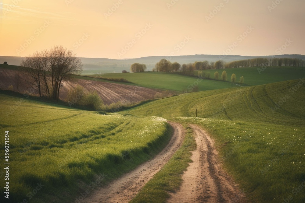 Country scenery with cultivated land and unpaved path on a spring dusk. Generative AI