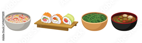 Asian Food with Sushi, Laminaria, Noodle and Soup Served on Board and Bowl Vector Set