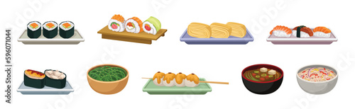 Asian Food with Sushi and Sashimi Served on Board Vector Set