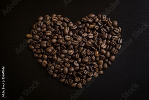 Coffee bean heart  coffee beans bunch  top view. Generative AI
