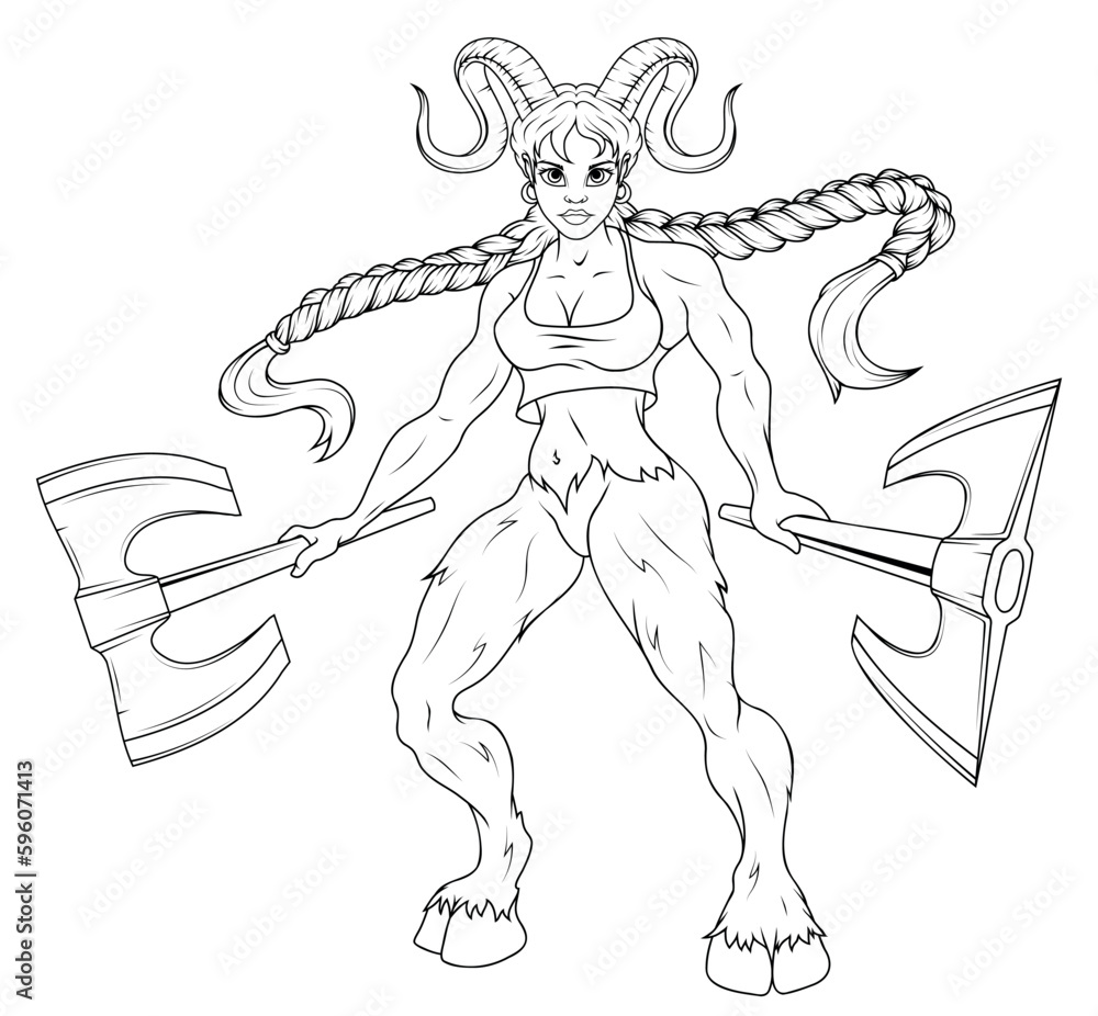 Obraz premium Satyr girl with huge horns. Vector illustration of a sketch taurus woman with labrys