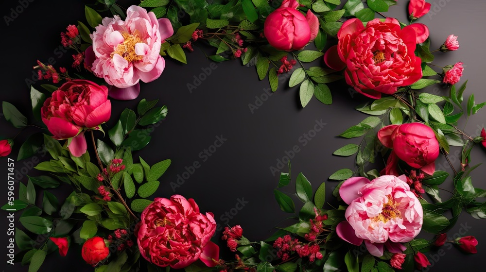 Beautiful peony. Floral wreath from peonies. Romantic abstract background with copy-space, exclusive wallpaper floral pattern. Generative AI.
