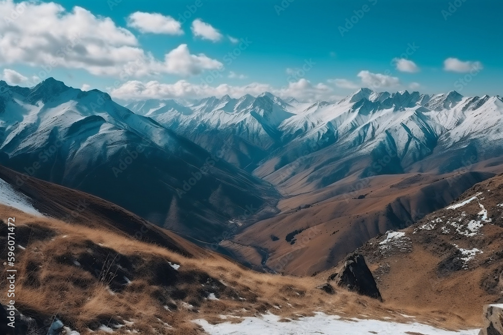 A majestic mountain range with snow-capped peaks rising high into the sky