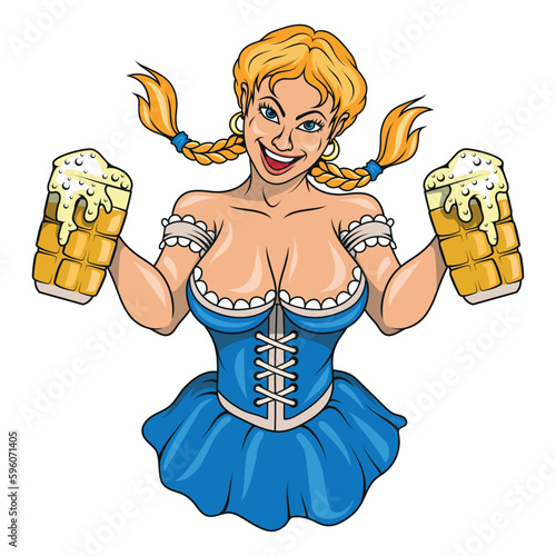 Girl with beer. Vector illustration of a young sexy Oktoberfest waitress. German woman wearing a traditional Bavarian dress