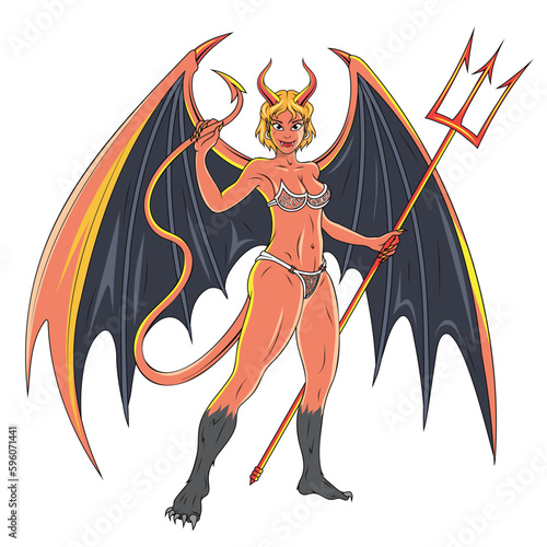 Succubus girl. Vector illustration of a devil girl with huge wings and pitchfork. Devil demon