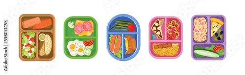 Plastic Lunch Boxes or Trays with Food in Different Sections Vector Set