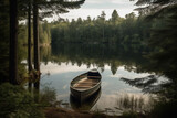 A serene lake surrounded by towering pine trees, with a rowboat moored on the shore