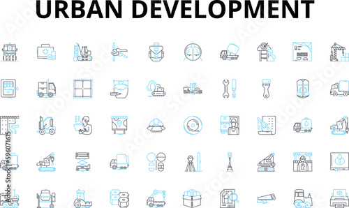 Urban development linear icons set. Gentrification, Redevelopment, Density, Infrastructure, Zoning, Sprawl, Revitalization vector symbols and line concept signs. Sustainability,Commuting,Neighborhoods