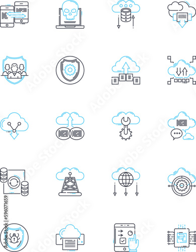 Web security linear icons set. Firewall, Encryption, Malware, Antivirus, Phishing, Vulnerability, Authentication line vector and concept signs. SSL,Cybercrime,DDoS outline illustrations