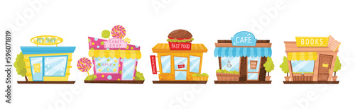 Shop Window or Store Front Selling Pet, Candy, Fast Food and Books Vector Set