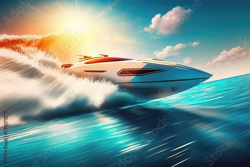 Modern fast boat in full speed on the sea, illustration generative ai