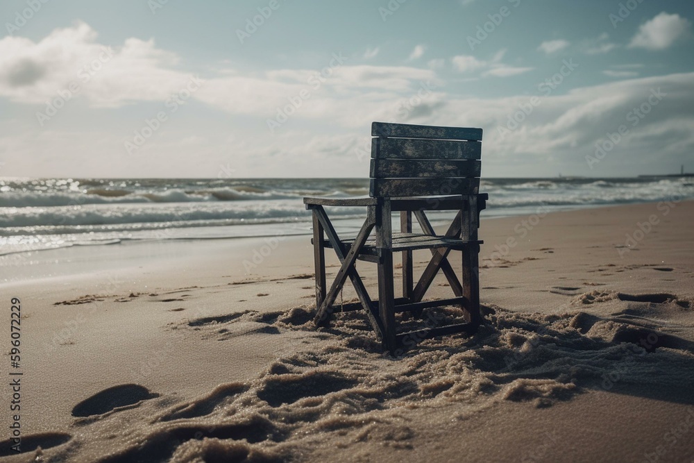 Empty beach chair on the shore of the Baltic or North Sea. Generative AI
