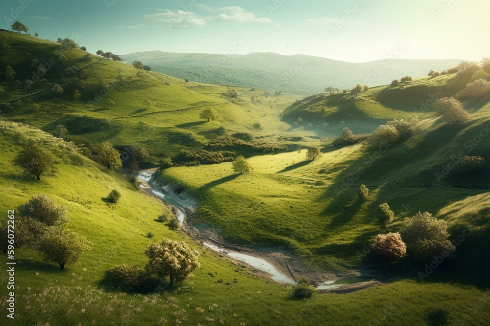 Landscape art of a green valley in spring, perfect for adventure. Generative AI