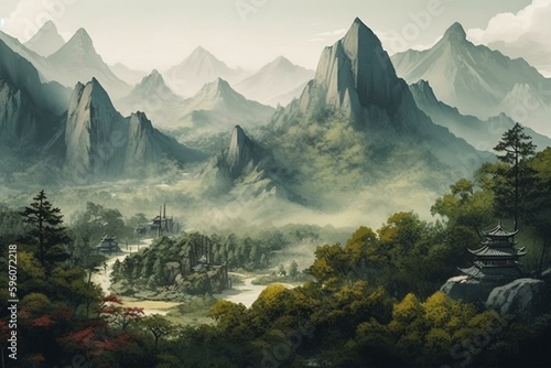 Japanese style painting of a mountainous landscape. Generative AI