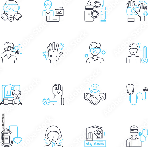 Pathogen control linear icons set. disinfectant, sanitation, sterilization, outbreak, bacteria, virus, contamination line vector and concept signs. fungi,mold,hygiene outline illustrations