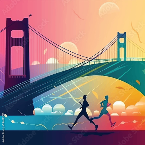 People are running with their silhouettes in Istanbul bosporus.