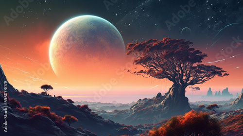 Fantasy landscape with tree and full moon. generative ai