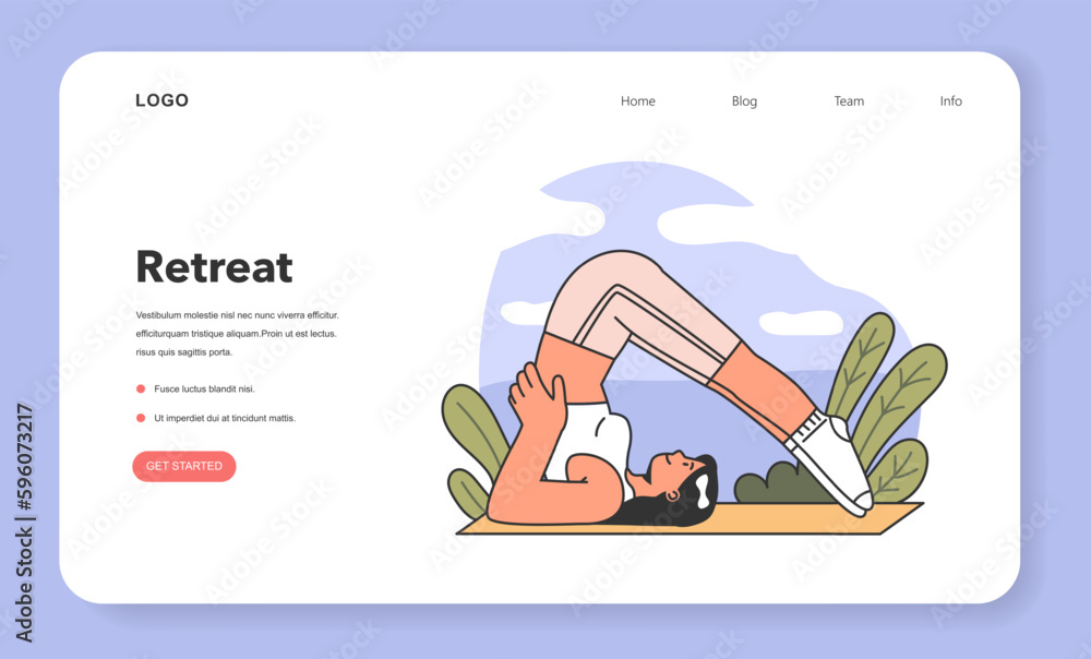 Naklejka premium Retreat web banner or landing page. Female character doing yoga