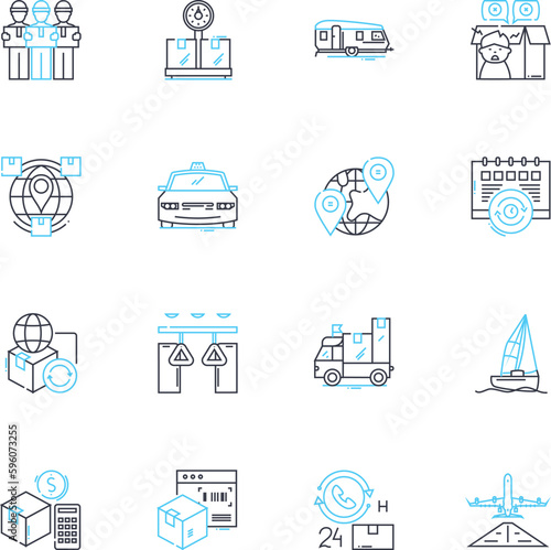 Freight Hauling linear icons set. Logistics, Transportation, Shipping, Cargo, Trucker, Carrier, Dispatch line vector and concept signs. Delivery,Freight,Warehousing outline illustrations