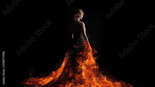 Beautiful woman in a long dress in the fire on a black background.generative ai