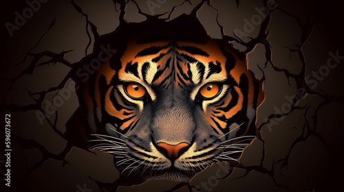 Tiger looking through a hole in the wall. The tiger looks through a hole in the wall.generative ai © S...