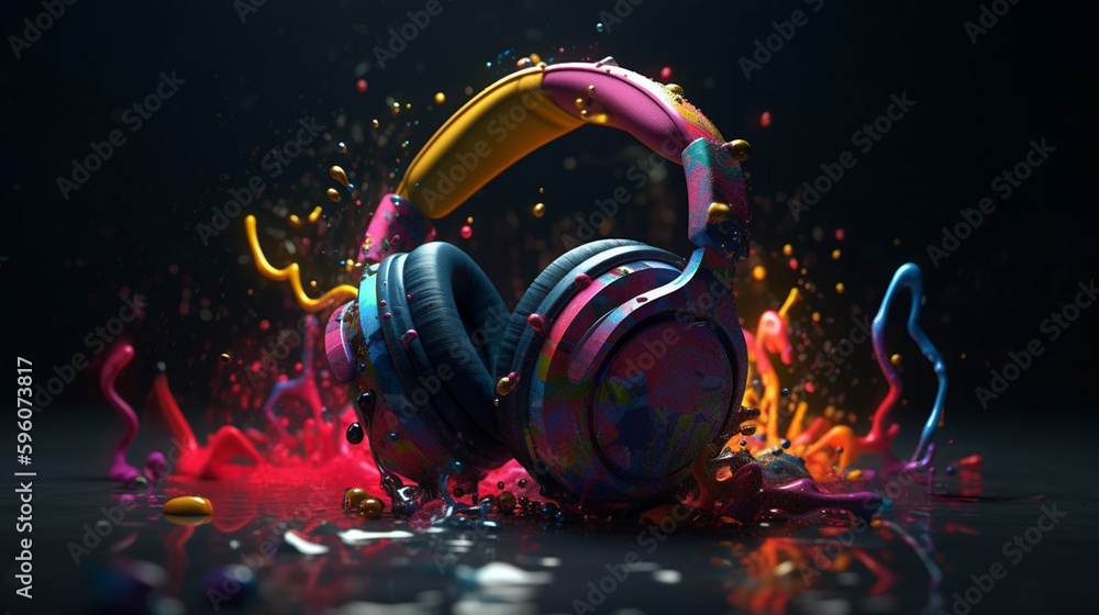 Headphones with splashes of paint on black background.generative ai