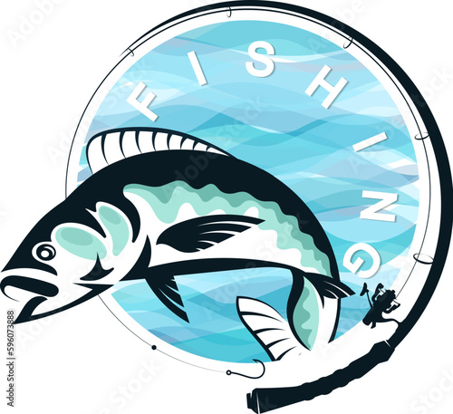 Fish on the waves and a fishing rod. Design for fishing