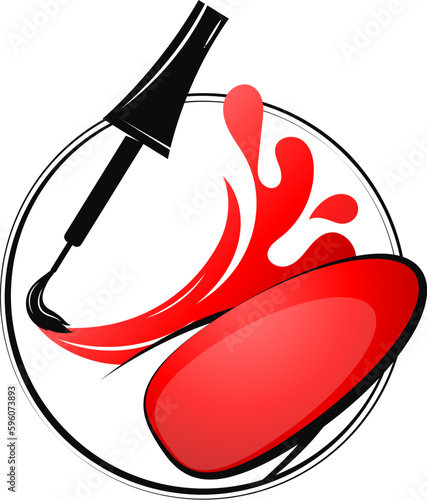 Brush with red lacquer and nail. Design for a manicure salon