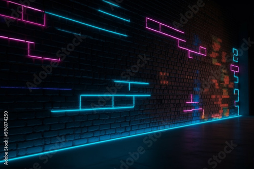 A dark room with neon lights and a brick wall neon wall background with generative ai 