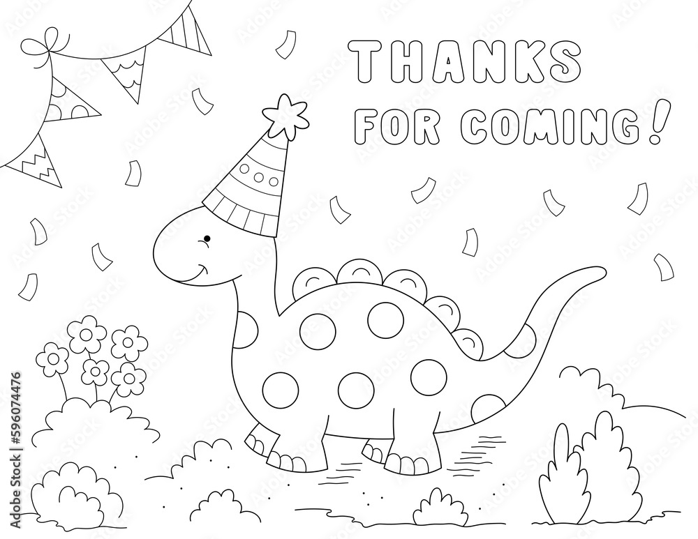 ภาพประกอบสต็อก dinosaur themed party, thanks for coming coloring page