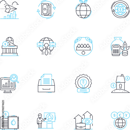 Economic policy linear icons set. Inflation, Recession, Stimulus, Taxation, Deficit, Budget, Interest rates line vector and concept signs. Tariffs,Deregulation,Innovation outline illustrations