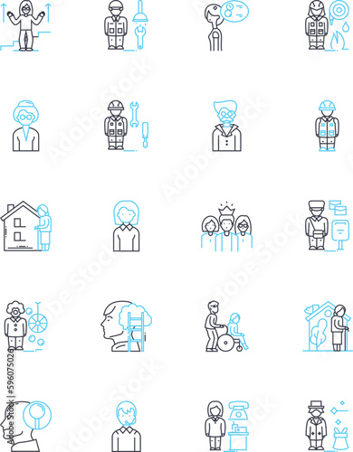 Interconnectedness linear icons set. Unity  Connectivity  Integration  Interdependence  Wholeness  Harmony  Bond line vector and concept signs. Nerk Synthesis Association outline illustrations