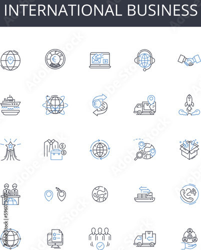 International business line icons collection. Global commerce, Foreign trade, Multinational affairs, Transnational dealings, World economics, Cross-border ventures, Intercontinental transactions