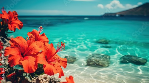 summer mood background wallpaper with copy space, red hibiscus flower with blue ocean water background, Generative Ai
