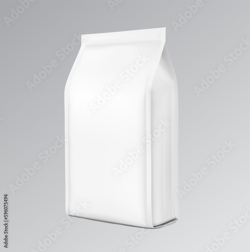 Hyper realistic gusseted packaging bag mockup. Half side view. Vector illustration. Ready for use in presentation, promo, advertising on any backgrounds. EPS10.