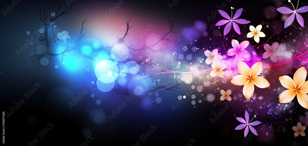 abstract background banner, pink blue gradient color with bokeh glitter glow light, flora flower light trail, Generative Ai