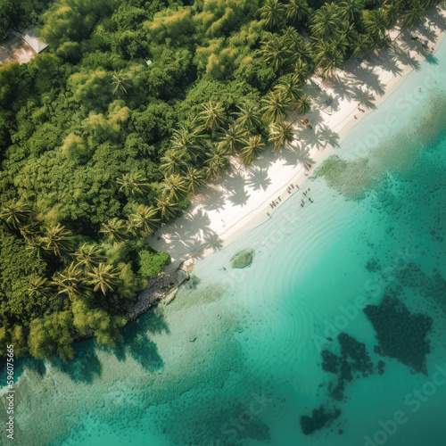 A tropical island oasis, captured in an aerial shot that showcases the clear turquoise waters, the white sand, and palm tree shadows.