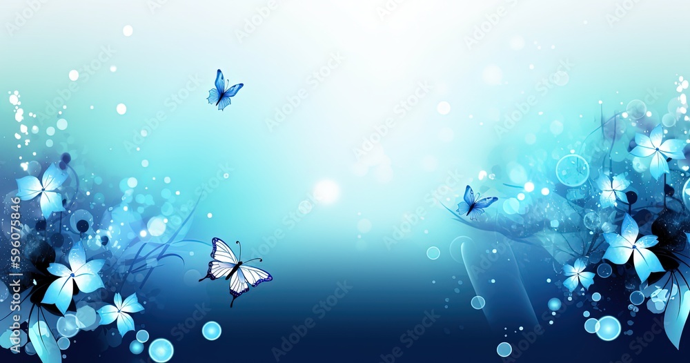 abstract background banner, blue gradient color with bokeh glitter glow light, flora flower butterfly light trail, Generative Ai abstract background banner, blue gradient color with bokeh glitter glow light, flora flower butterfly light trail, Generative Ai