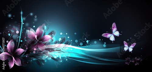 abstract background banner  blue pink gradient color with bokeh glitter glow light  flora flower butterfly light trail  Generative Ai