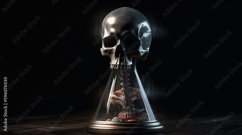 Human skull in a vintage hourglass on black background. generative ai