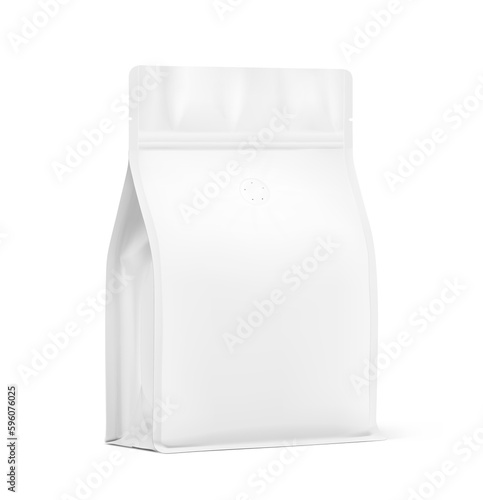 White stand-up pouch bag with flat bottom side gusseted and air valve. Realistic mockup. Half side view. Perfect for the presentation your product. EPS10.	