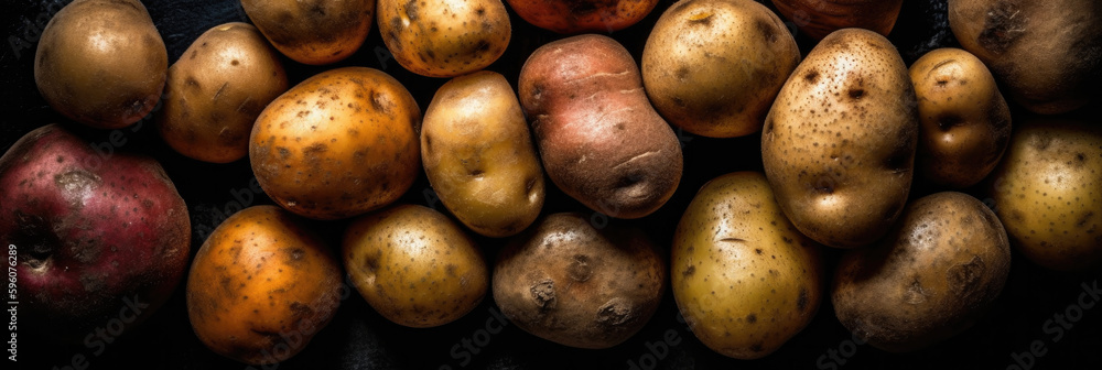 close up shot of potatoes, water drop, panoramiC, studio light, on black background, gastronomy photo, AI close up shot of potatoes, water drop, panoramiC, studio light, on black background, gastronomy photo, AI