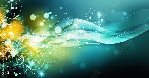abstract background banner, blue green bokeh glitter glow light and light trail, Generative Ai