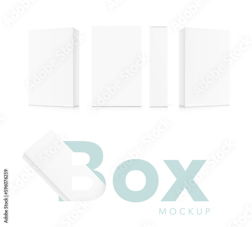 Realistic cardboard boxes mockup set. Front, back, half side views. Vector illustration isolated on white background. Can be use for food, cosmetic, software and etc. Ready for your design. EPS10.	