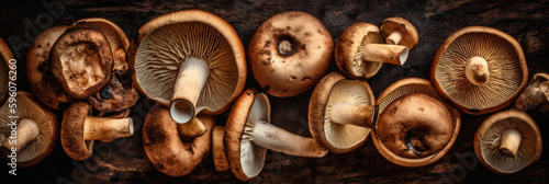 close up shot of mushroom, water drop, panoramic, studio light, on black background, gastronomy photo, AI